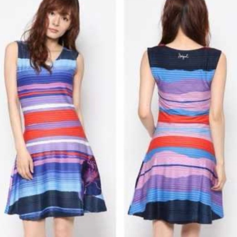 DESIGUAL Violeta Striped Floral Embellished V-Neck Fit/Flare Sleeveless‎ Dress M